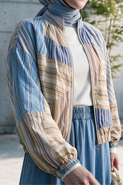 Modamorfo Patterned Summer Jacket with Elastic Sleeves and Waist, Pockets and...