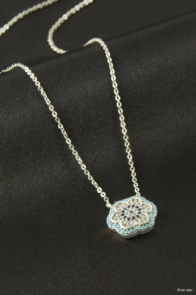 ZERO LAND Ilkestor Flower Evil Eye Zircon Stone Necklace (64328) Silver Color