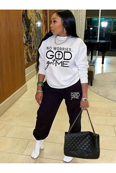 Mythologie God Got Me White Sweatshirt Black Sweatpants Jogger - Printed Bott...