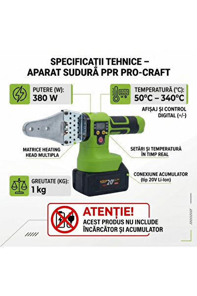 ProCraft Pdr Tools Plita sudura PPR pe acumulator ProCraft, 380W, 20V, 4Ah, N...