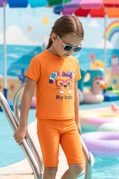 Haliç Mayo Short Sleeve Top and Bottom Girls' Swimsuit 4418 Orange