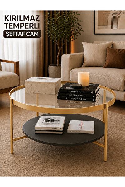 EVDERA MOBİLYA OSLO ORTA SEHPA ŞEFFAF TEMPERLİ CAM GOLD METAL AYAK