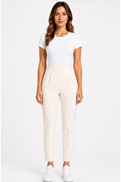 AXXEL Women's Ecru High Waist Pleated Carrot Leg Trousers-P197