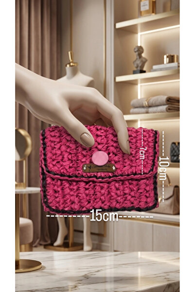Zümrüdüanka Handmade El örmesi fuşya pembe renk el cüzdanı ve çantasi