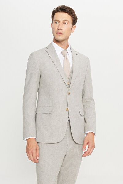 ALTINYILDIZ CLASSICS Men's Beige Wool Slim Fit Mono Collar Vest Suit with Fla...