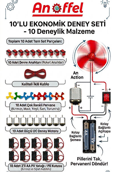 Anoffel Ekonomik Deney Seti 10 adet Motor Deney Seti -10 Adet Pil Yatağı - 10...