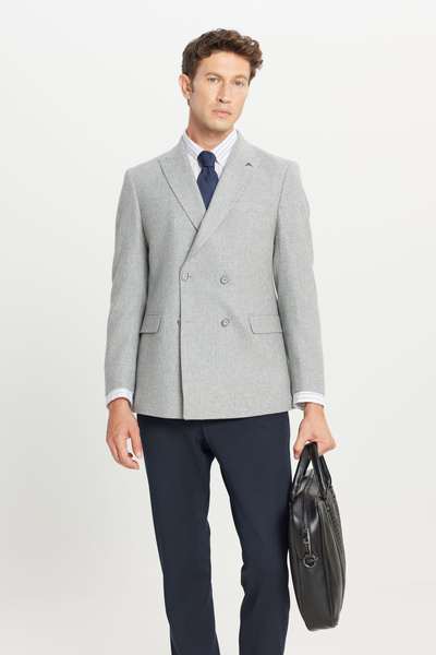 ALTINYILDIZ CLASSICS Men's Gray Wool Slim Fit Double-Breasted Jacket with Swa...