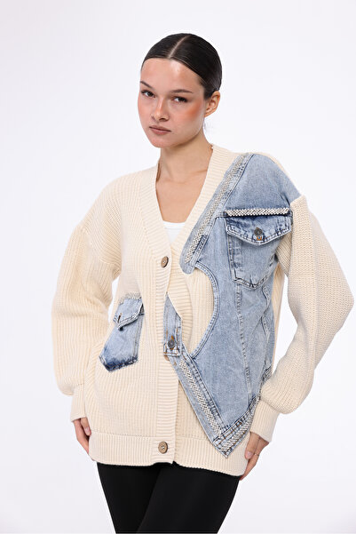 RENGARENG Women's Designer Knitwear Denim Garnished Chain Embroidery Handcraf...
