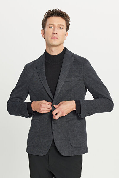 ALTINYILDIZ CLASSICS Erkek Antrasit Pamuklu Slim Fit Dar Kesim Mono Yaka Torba Cepli Desenli Blazer Ceket