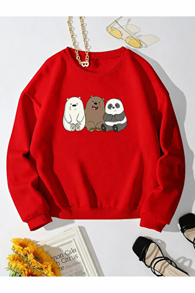 Trend Sizde Unisex Τριπλό Φούτερ με στάμπα αρκουδάκι και λαιμόκοψη