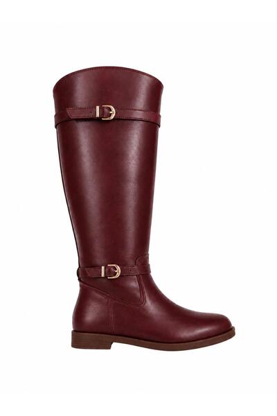 LOJO Women's Double Buckle Detailed Zippered Flat Sole Boots Nora Burgundy