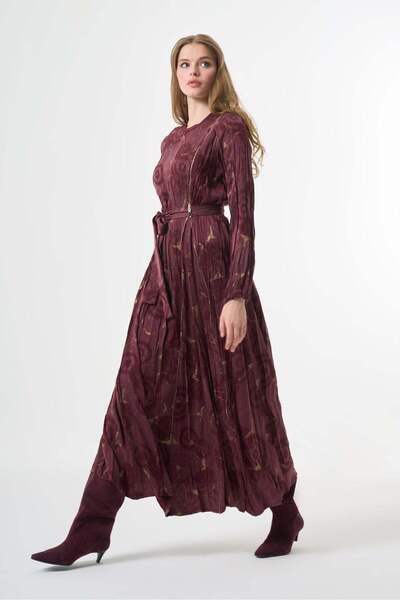 MissWhence Long Patterned Dress with Sash-Zipper Detail