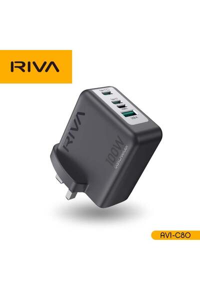 Riva شاحن حائط بقوة 100 واط مع منفذين USB-C ومنفذ USB-A ومنفذ Lightning |   شحن سريع وآمن |   RV1-C80