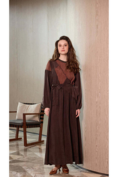 MissWhence Patchwork Belted Maxi Dress with Sheer Sleeves