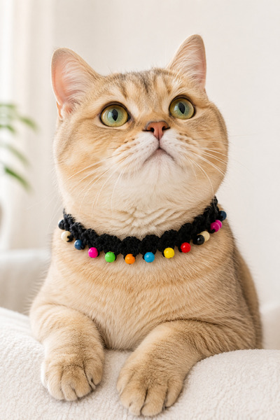 NEHOLİA Hand Knitted Cat Collar with Colorful Beads, Black Handmade Adjustabl...