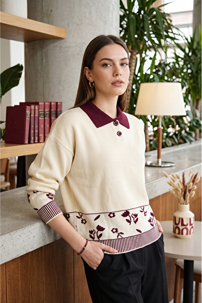 SAYZEN YOUR SHİNE Floral Patterned Shirt Collar Regular Fit Women's Knitwear ...