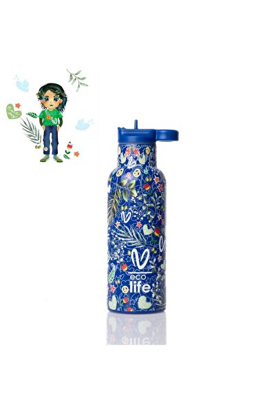 Ecolife Ανοξείδωτο Θερμός Μπουκάλι με Καλαμάκι X Vasiliki 500ml - Μπλε