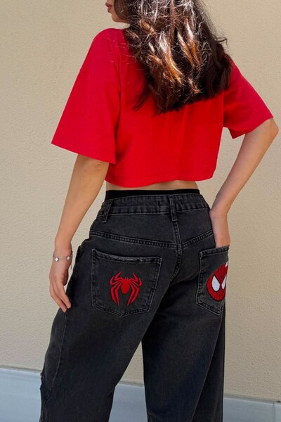 Köstebek Μαύρο παντελόνι με κέντημα Spider Man Y2K Unisex Baggy