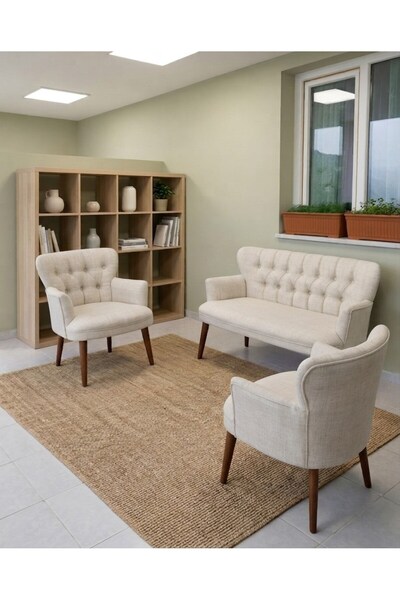 Azra Mobilya Roma 2+1+1 Keten Kumaş Balkon Çay Seti Koltuk Takımı - Ahşap Aya...