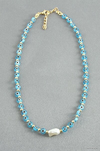 ZERO LAND Spt-Gld Pearl Evil Eye Bead (112256) Necklace Blue