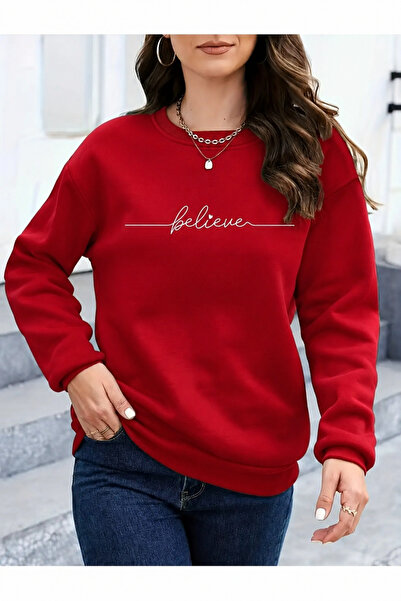 Trend Sizde Hanorac unisex cu imprimeu text „Believe” și guler rotund
