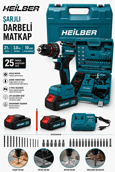 HEİLBER BA011530 Şarjlı Darbeli Matkap 21V Çift Akülü 3.0Ah 25 Parça Set 10 m...