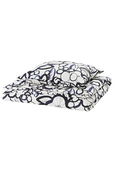 OEM Duvet+ Pillow 150x200/50x60 cm white black/blue floral pattern HÄRLIR Duv...