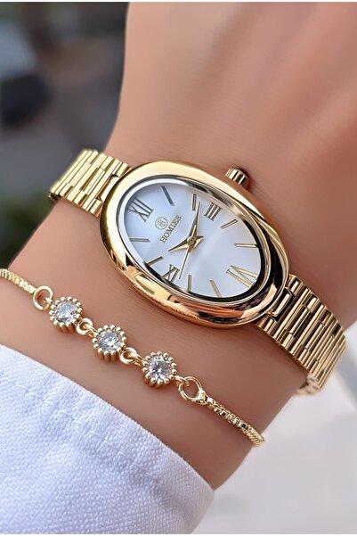 Homies New Season Oval Case Gold Color Women's Wristwatch - with Bracelet Gift
