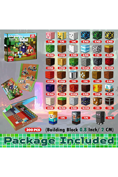 MINECRAFT 200 PCS blocuri magnetice - jucarii magnetice pentru copii, baieti si fete, cuburi de blocuri magnetice de constructie, magneti de stivire pentru copii