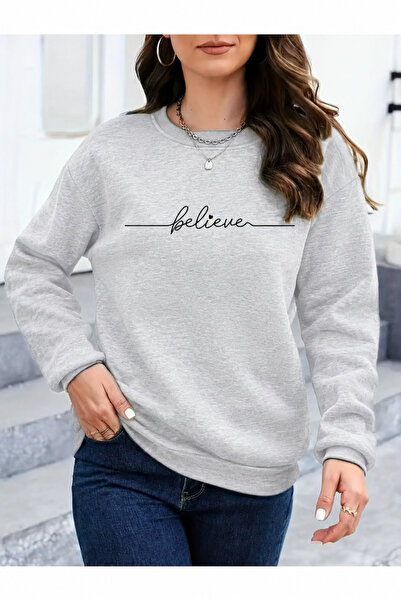 Trend Sizde Unisex Believe Text Printed Crew Neck Sweatshirt
