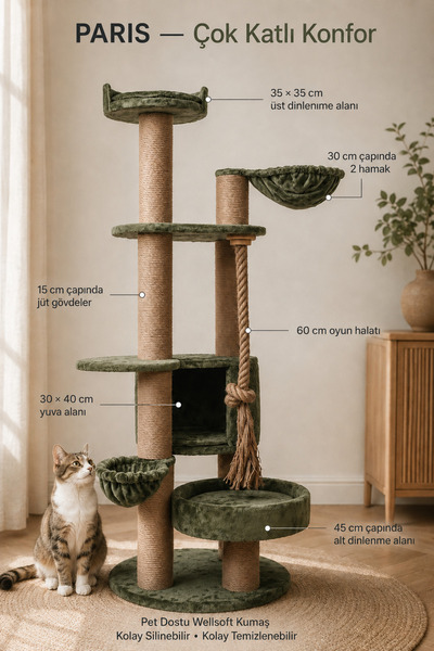 sawinno home&sleep Sawinno Çok Katlı Kedi Ağacı, Hamaklı Yuvalı Jüt Tırmalama...
