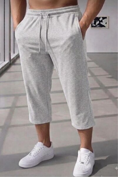 NO 601 Men's Gray Patternless Capri Below-Knee Combed Cotton Shorts