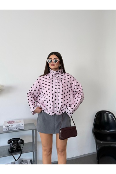 eloria glow Retro Puantiyeli Yaka Detaylı Büzgülü Oversize Şık Gömlek Ceket