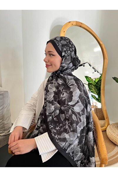 Rise Scarf Peony Desen Pamuk Kraş Şal Siyah