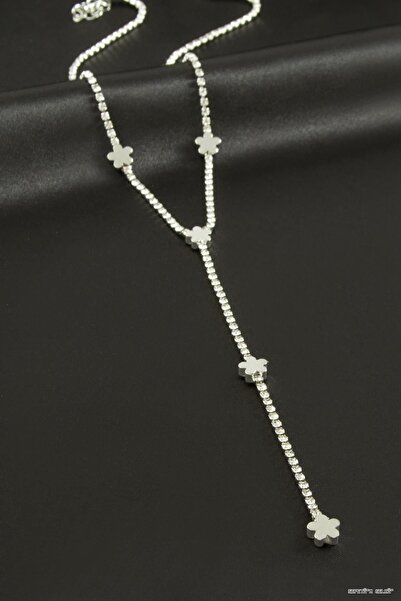 ZERO LAND Spt-Gld Flower Stripe Stone Steel Y Necklace (112435) Silver Color