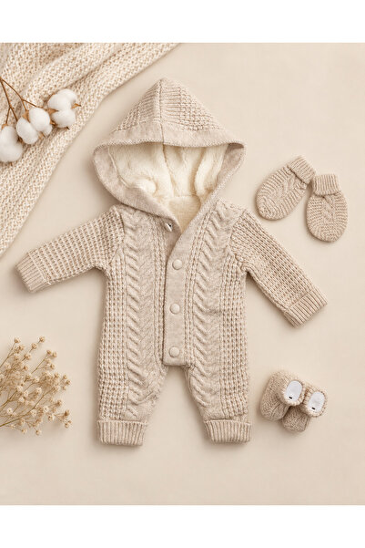 a baby Selani̇k Knitted Lamb Fleece Lined Jumpsuit + Booties + Gloves