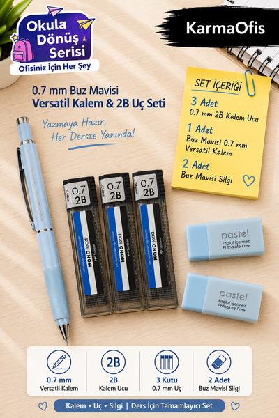 KarmaOfis 0.7 mm Versatil Kalem Seti 2B Kalem Ucu ve Silgi – Mavi Renk Seçene...