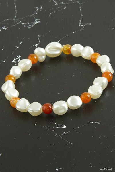 ZERO LAND Spt-Gld Pearl Agate Natural Stone (113133) Bracelet White