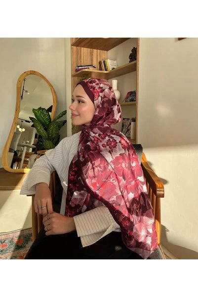 Rise Scarf Peony Desen Pamuk Kraş Şal Bordo
