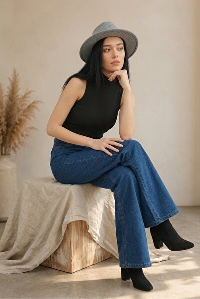 byhaziran butik Pantaloni de damă Kou Blue din denim cu picior larg și talie ...