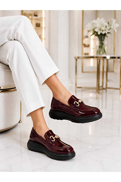 Oneka Shoes Kadın Günlük Loafer Bordo rugan taş tokalı 240826KLBR1118