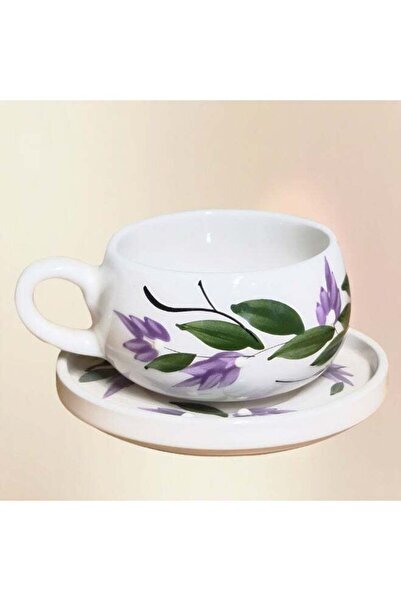 Generic Brand Handmade Ceramic Tea & Coffee Cup with Saucer, White with Purpl...