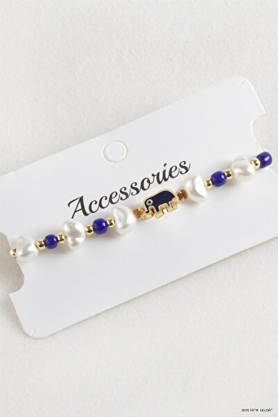 ZERO LAND Spt-Gld Elephant Beads Pearl Macrame Cord (112358) Bracelet Navy Blue