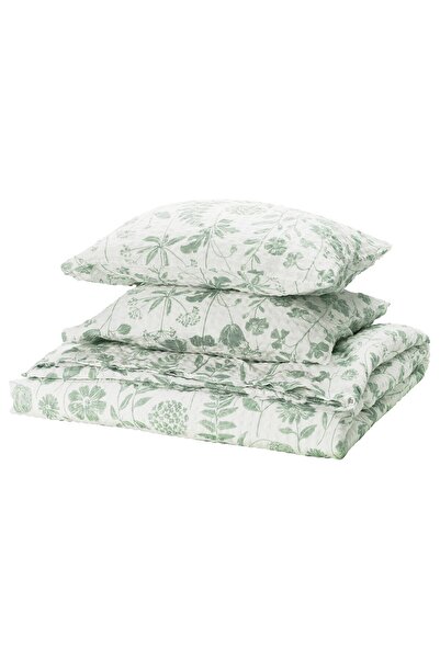 OEM Duvet+ 2 Pillow 200x200/50x60 cm white grey-green/floral pattern NÅLBJÖRN...