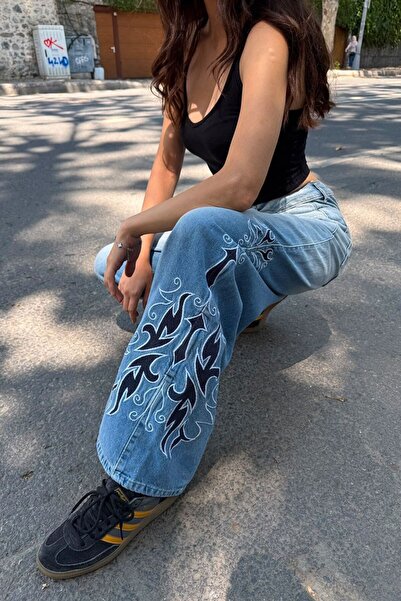 Köstebek Μπλε φαρδύ παντελόνι Unisex Tribal Stonewashed Gothic Y2K