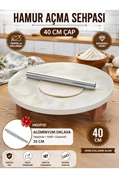 kapeks hırdavat-çelik kapı 40 Cm Çap - Oklava Hediyeli Mermer Desenli Ahşap Y...