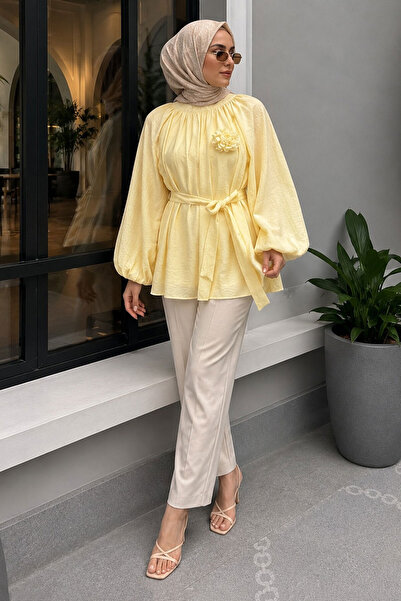 Tesettür Dünyası Floral Detailed Balloon Sleeve Tunic Tsd260264 Yellow