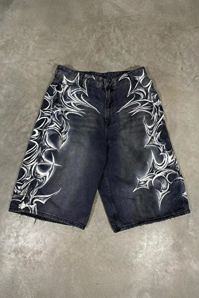 Köstebek Black Washed Tribal Graffiti Gothic Y2K Unisex Shorts