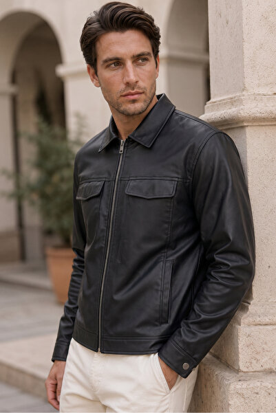 Mero Life Men's Black Polo Collar New Season Slim Fit Leather Jacket