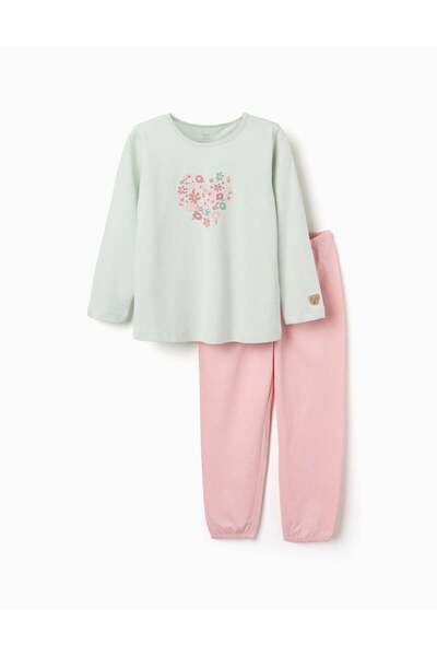 Ziddy Long Sleeve Pyjamas With Flower Print For Girls, Light Green/pink
